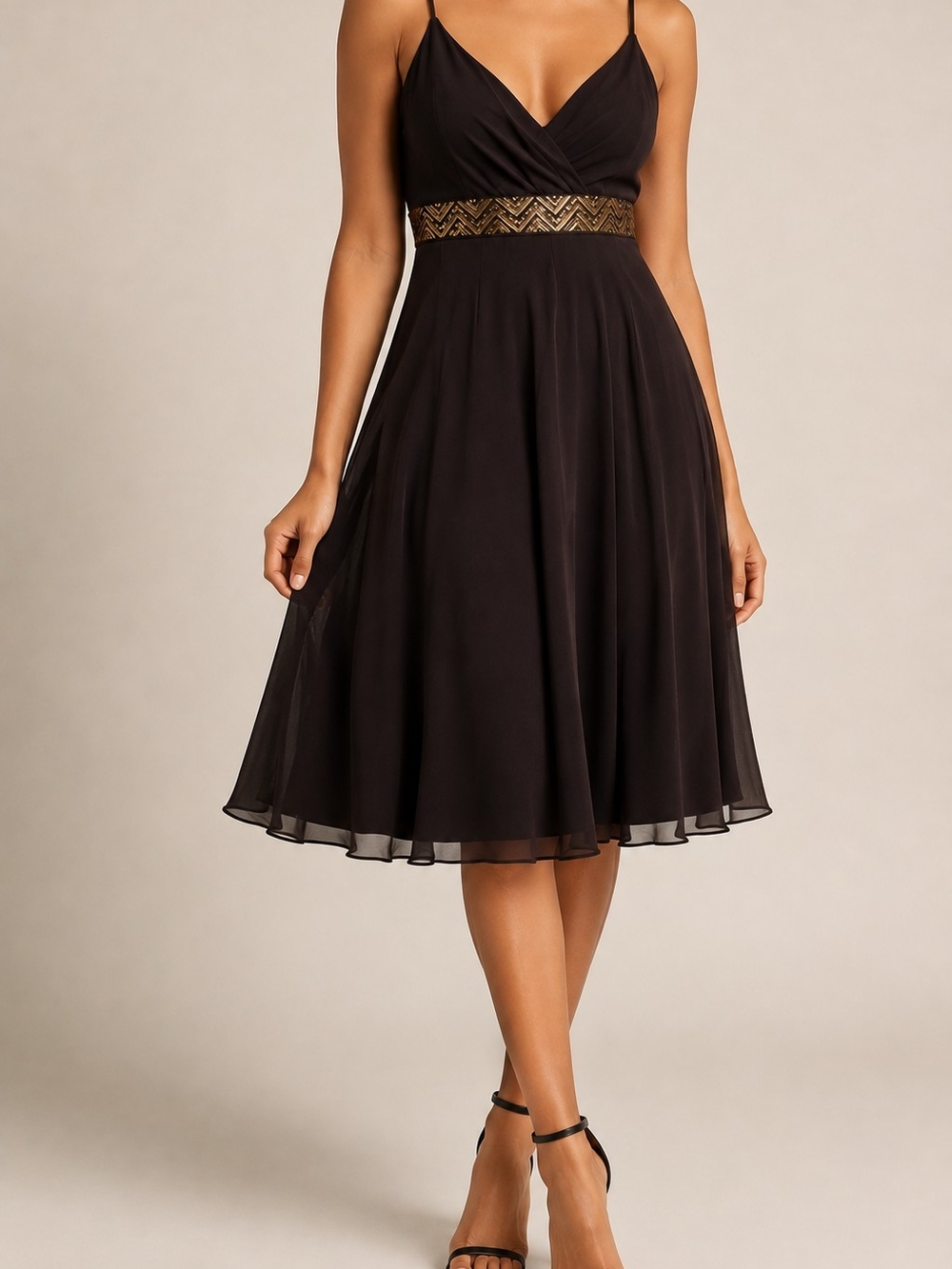 VNTG Y2K Brown Midi Dress with Gold Embellished Waistband